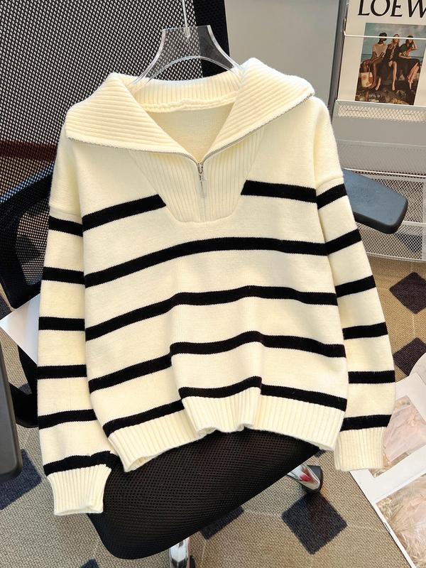Women's Striped Print Half Zip Drop Shoulder Sweater, Casual Long Sleeve Jumper for Fall & Winter, Fashion Ladies' Knitwear for Daily Wear