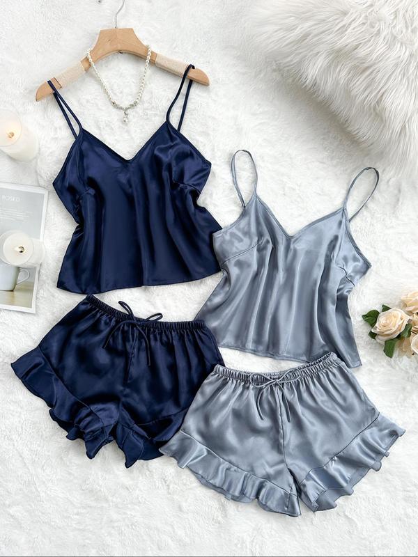 Women's Solid V Neck Cami Top & Elastic Waist Bow Decor Shorts Satin Pyjama Set, Elegant Adjustable Spaghetti Strap Camisole & Ruffle Hem Shorts PJ Set, Ladies Sleepwear for All Seasons