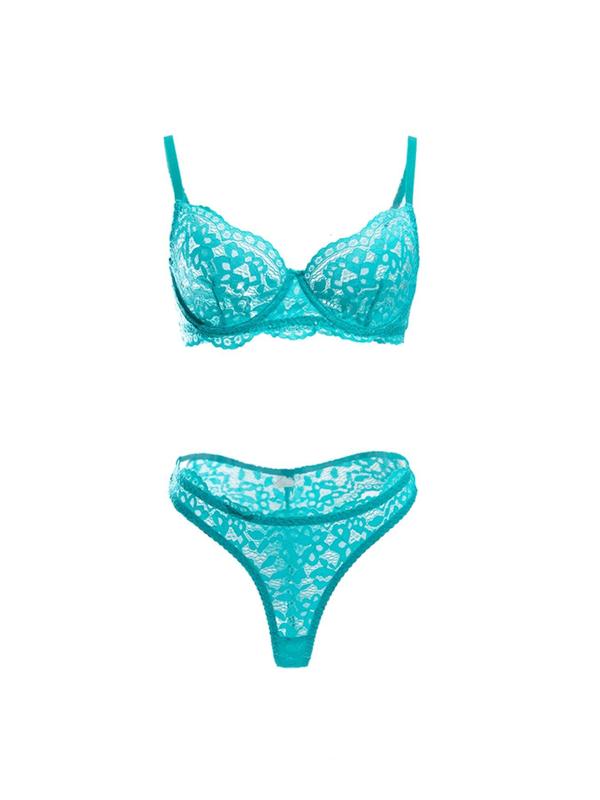 Two-Piece Set Women's Floral Lace Scallop Trim Panty Set, Adjustable Strap Underwire Bra & Knicker, Soft Comfy Breathable Underwear Set for Daily Wear
