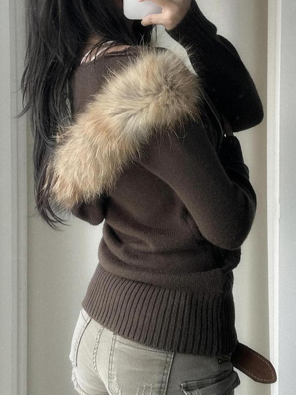 Women's Contrast Faux Fur Hooded Sweater Cardigan, Casual Long Sleeve Zip Up Jumper Cardigan for Fall & Winter, Fashion Ladies' Knit Clothing for Daily Wear