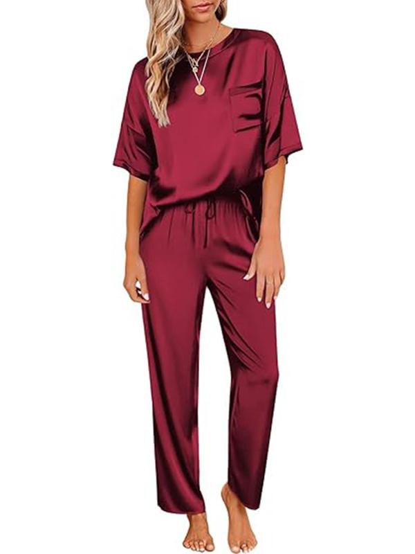 Women's Solid Drop Shoulder Tee & Pocket Pants Pyjama Two-piece Set, Casual Comfy Short Sleeve Top & Drawstring Waist Pants PJ Set, Ladies Summer Sleepwear