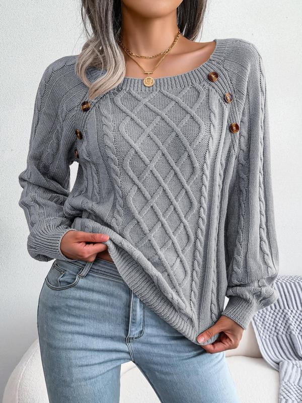 Women's Solid Textured Fake Buttons Raglan Sleeve Crewneck Sweater for Spring, Casual Round Neck Long Sleeves Knitting Jumper, Fall Clothes, Downtown Girl Clothes