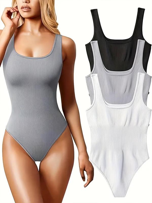 3 Pcs Solid Square Neck Sleeveless Shapewear Tank Bodysuit, Casual Ribbed Slim Fit Bodysuit, Women's Underwear
