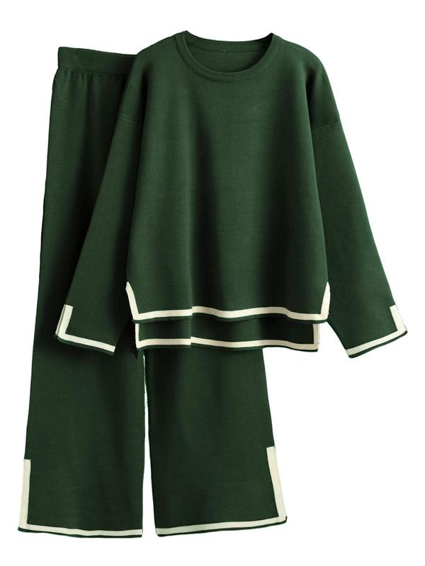 Women's Contrast Binding Drop Shoulder Top & Wide Leg Pants Loungewear Two-Piece Set, Casual Comfy Round Neck Long Sleeve Top & Trousers PJ Set, Ladies Sleepwear for Spring & Fall