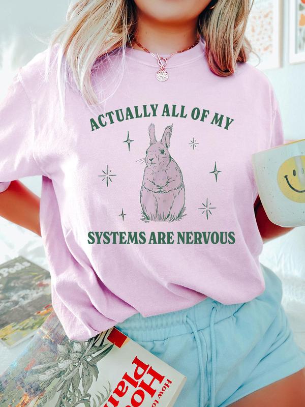 Women's Rabbit & Letter Print Round Neck Tee, Trendy Casual Drop Shoulder Half Sleeve T-shirt for Daily Wear, Ladies All Seasons Outfit
