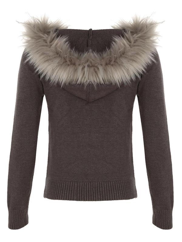 Women's Contrast Faux Fur Hooded Sweater Cardigan, Casual Long Sleeve Zip Up Jumper Cardigan for Fall & Winter, Fashion Ladies' Knit Clothing for Daily Wear