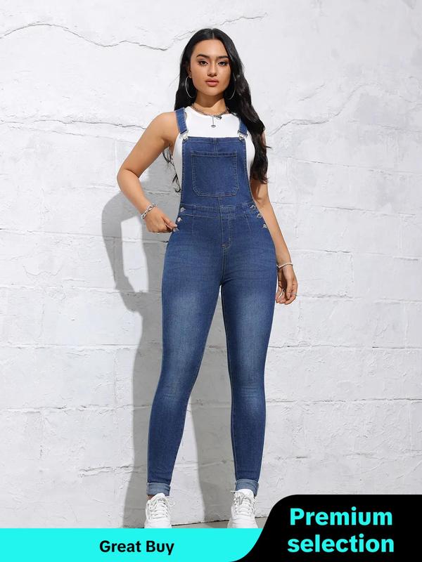 Women's Plain High Waist Skinny Denim Overalls, Casual Pocket Button Overall Jumpsuit for Daily Wear, Jeans for Women, Ladies Bottoms for All Seasons, Pants