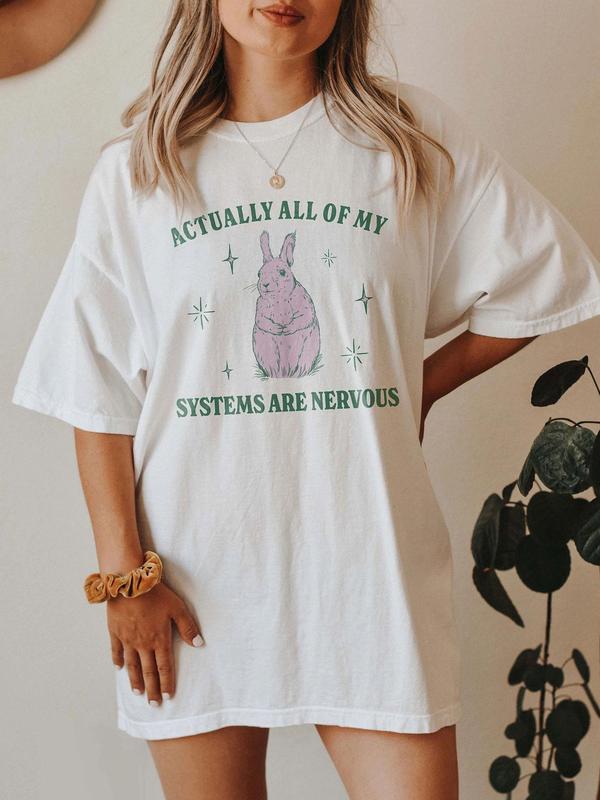 Women's Rabbit & Letter Print Round Neck Tee, Trendy Casual Drop Shoulder Half Sleeve T-shirt for Daily Wear, Ladies All Seasons Outfit