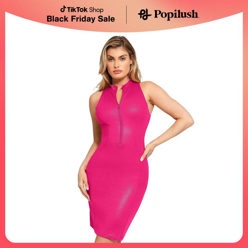 The Popilush Shapewear Faux Leather Mock Neck Midi Dress