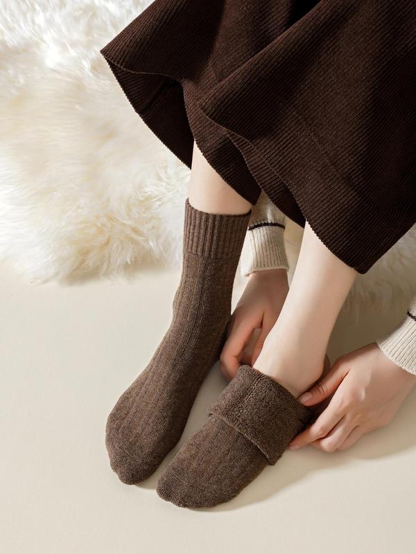 Women's Plain Textured Thermal Lined Mid-calf Socks, Casual Soft Comfy Crew Socks for Fall & Winter, Women's Socks for Daily Wear