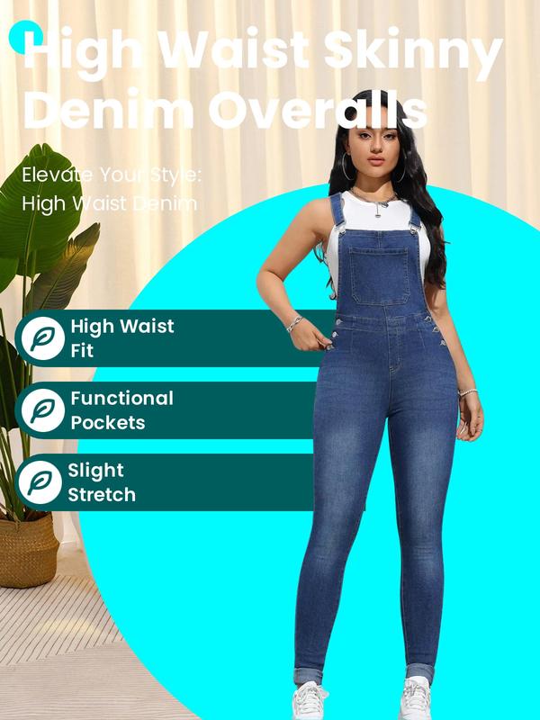 Women's Plain High Waist Skinny Denim Overalls, Casual Pocket Button Overall Jumpsuit for Daily Wear, Jeans for Women, Ladies Bottoms for All Seasons, Pants