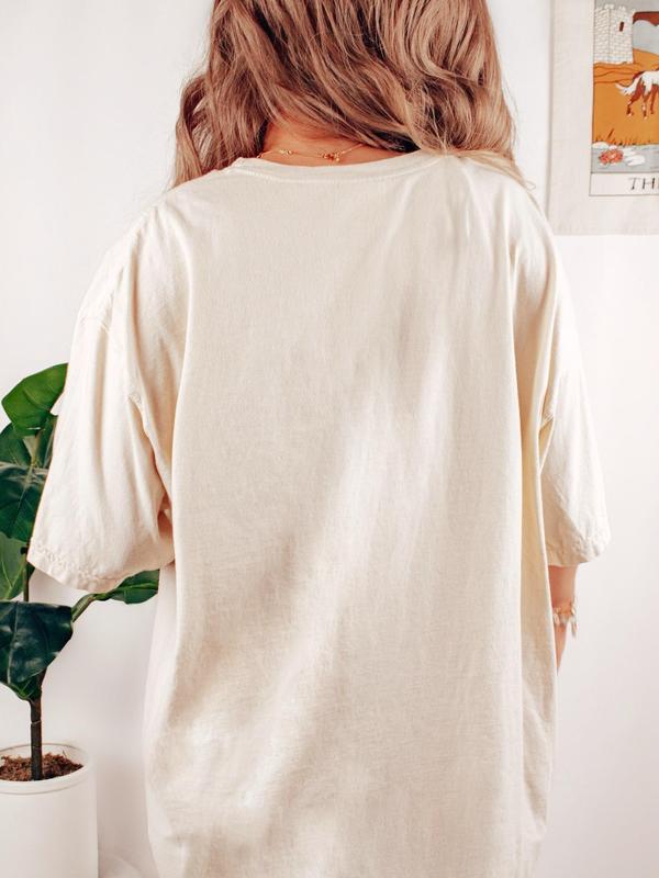 Women's Rabbit & Letter Print Round Neck Tee, Trendy Casual Drop Shoulder Half Sleeve T-shirt for Daily Wear, Ladies All Seasons Outfit
