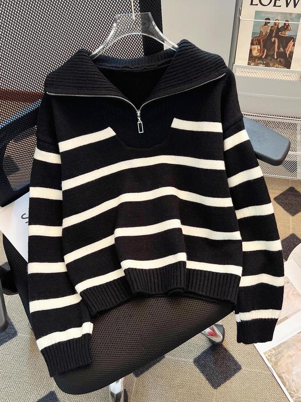 Women's Striped Print Half Zip Drop Shoulder Sweater, Casual Long Sleeve Jumper for Fall & Winter, Fashion Ladies' Knitwear for Daily Wear
