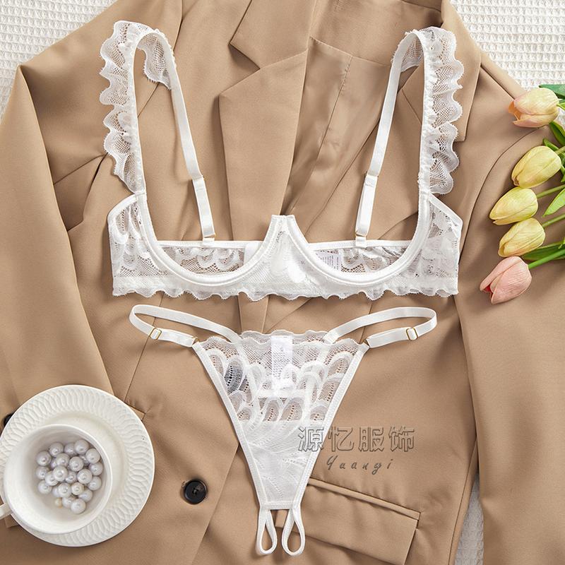 Women's Lace Sheer Sexy Lingerie Two-piece Set, Ruffle Trim Open Bust Underwire Bra & Open Crotch Design Thong Set for Fall, Soft Comfy Breathable Underwear Sets for Women, Vacation Wear Grwm Underwear