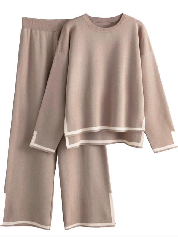 Women's Contrast Binding Drop Shoulder Top & Wide Leg Pants Loungewear Two-Piece Set, Casual Comfy Round Neck Long Sleeve Top & Trousers PJ Set, Ladies Sleepwear for Spring & Fall