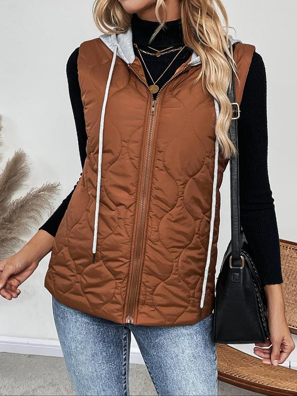 Women's Solid Zip Up Drawstring Hooded Puffer Vest Coat Without Inner Top, Casual Thermal Quilted Sleeveless Outerwear For Fall, Ladies Clothes For Daily Wear