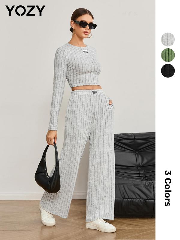 YOZY Christmas Deals, Two-piece Set Women's Solid Patched Ribbed Crop Top & Pocket Wide Leg Pants, Cozy Long Sleeve Top & Elastic Waist Trousers for Daily Outdoor Wear, Christmas 2024 Trend, Fall & Winter Outfits
