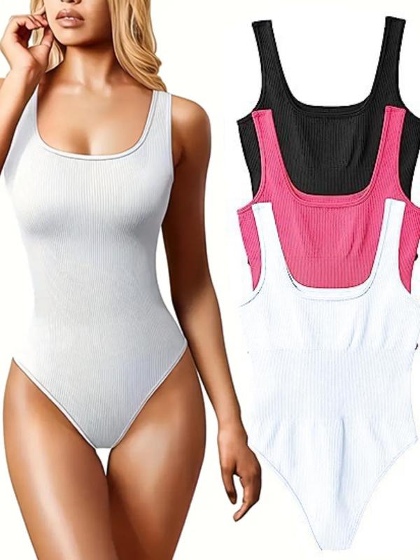 3 Pcs Solid Square Neck Sleeveless Shapewear Tank Bodysuit, Casual Ribbed Slim Fit Bodysuit, Women's Underwear