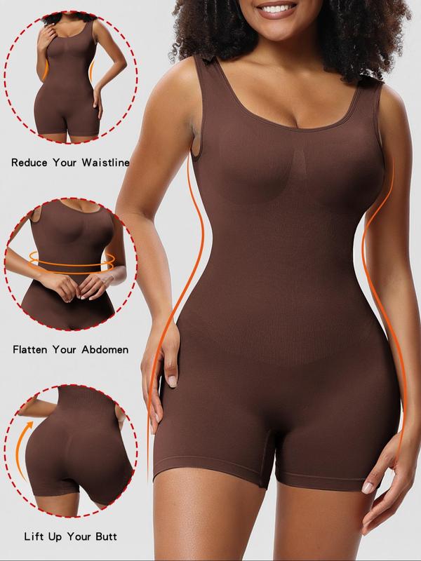 Women's Solid Scoop Neck Shapewear Romper, Fall Wear, Earthtone Fallfreshness, Summer Clothes Women, High Stretch Seamless Sleeveless Shapewear Bodysuit, Ladies Shapewear Clothes, Summer Wear 2024, Rompers for Summer, Fall Wear, Fallfreshness