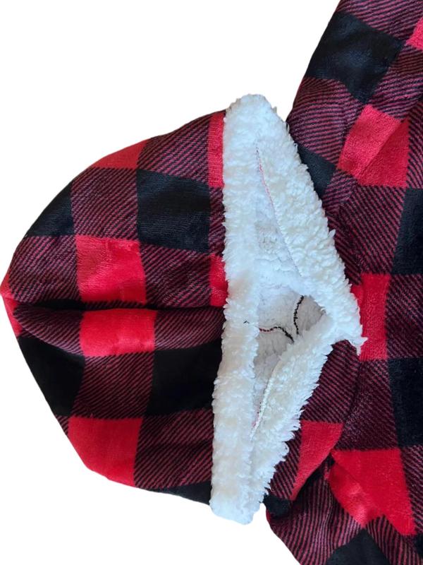 Christmas Women's Plaid Print Contrast Faux Fur Trim Hooded Lounge Robe, Casual Drop Shoulder Long Sleeve Bathrobe Loungewear, Ladies Sleepwear for Fall & Winter