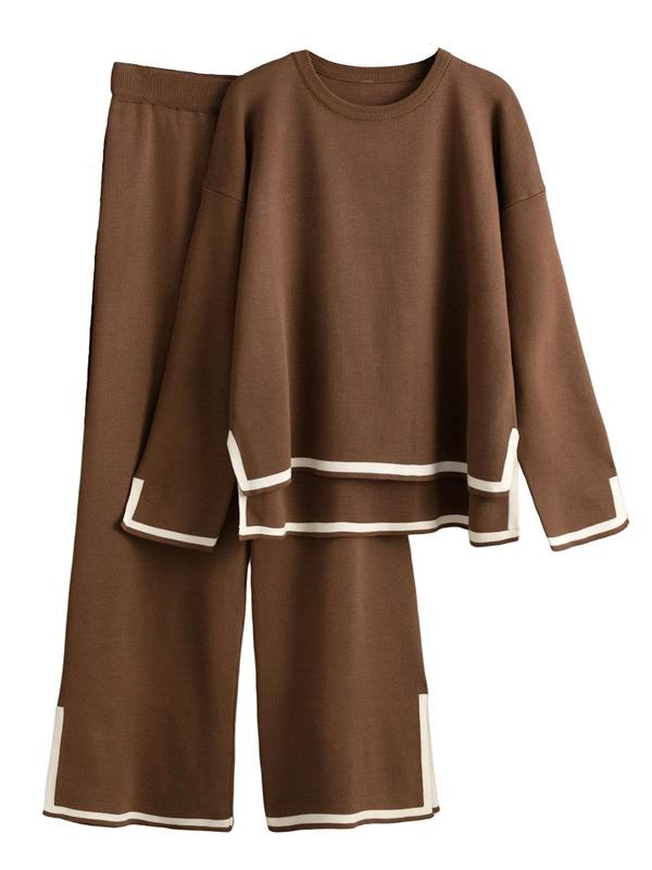 Women's Contrast Binding Drop Shoulder Top & Wide Leg Pants Loungewear Two-Piece Set, Casual Comfy Round Neck Long Sleeve Top & Trousers PJ Set, Ladies Sleepwear for Spring & Fall