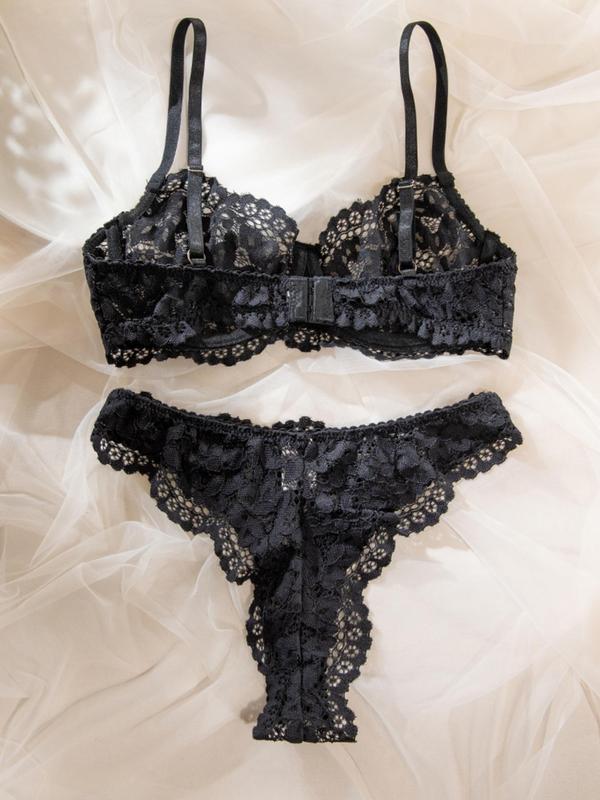 Two-Piece Set Women's Floral Lace Scallop Trim Panty Set, Adjustable Strap Underwire Bra & Knicker, Soft Comfy Breathable Underwear Set for Daily Wear