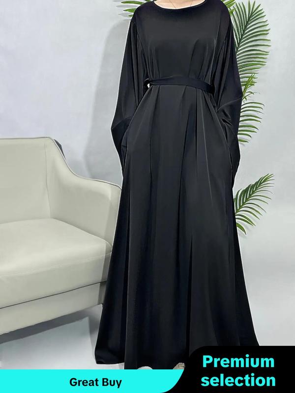 Women's Solid Belted Flounce Sleeve Dress, Elegant Long Sleeve Round Neck Long Dress for Party Holiday Wedding Guest, Ladies Clothes for All Seasons, Fall Clothing Women Longsleeves