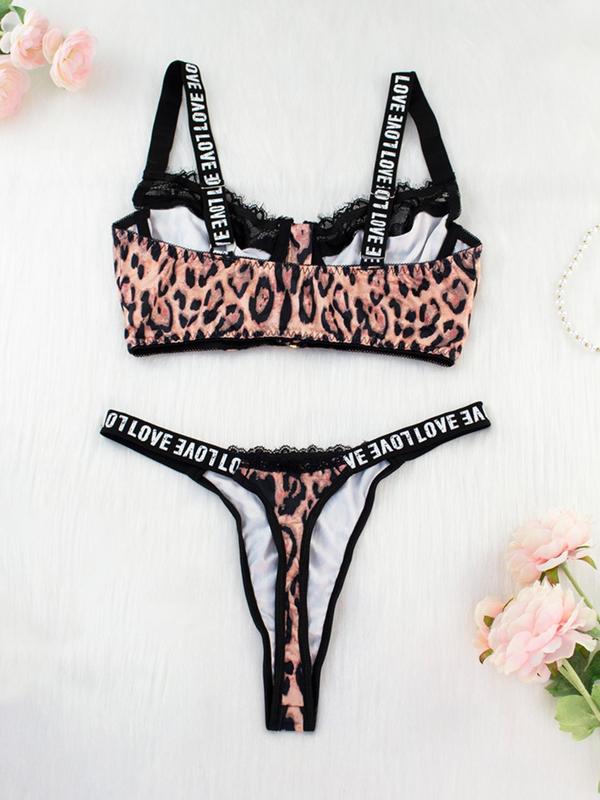 Women's Leopard Print Letter Tape Underwear Set, Contrast Lace Zipper Push Up Bra & Thong Set, Lingerie Set for Ladies