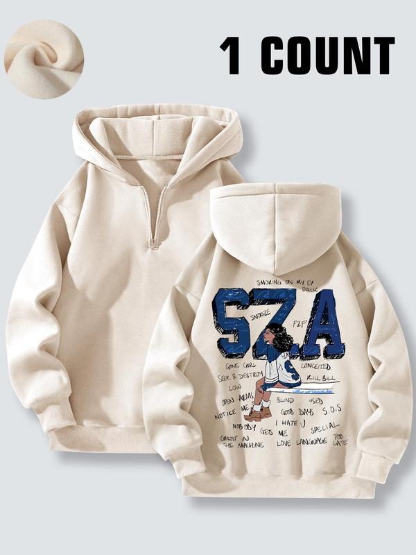 Women's Cartoon Figure & Letter Print Half Zip Hoodie, Casual Drop Shoulder Long Sleeve Hooded Sweatshirt for Spring & Fall & Winter, Women's Clothes for Daily Wear Going Out Tops 2000S