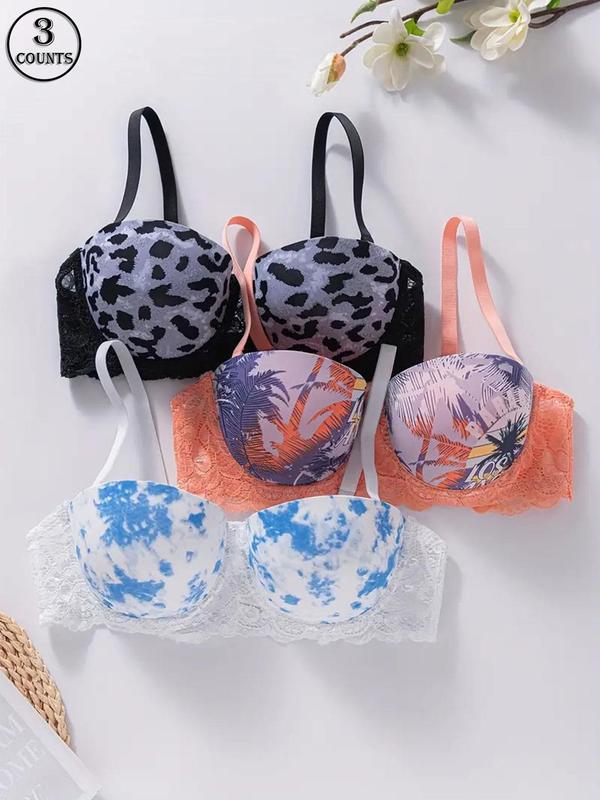 Women's All Over Print Contrast Lace Buckle Back Push Up Bra, Casual Comfortable Breathable Underwire Lingerie Top for Daily Wear, Underwear for All Seasons