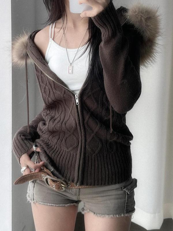 Women's Contrast Faux Fur Hooded Sweater Cardigan, Casual Long Sleeve Zip Up Jumper Cardigan for Fall & Winter, Fashion Ladies' Knit Clothing for Daily Wear