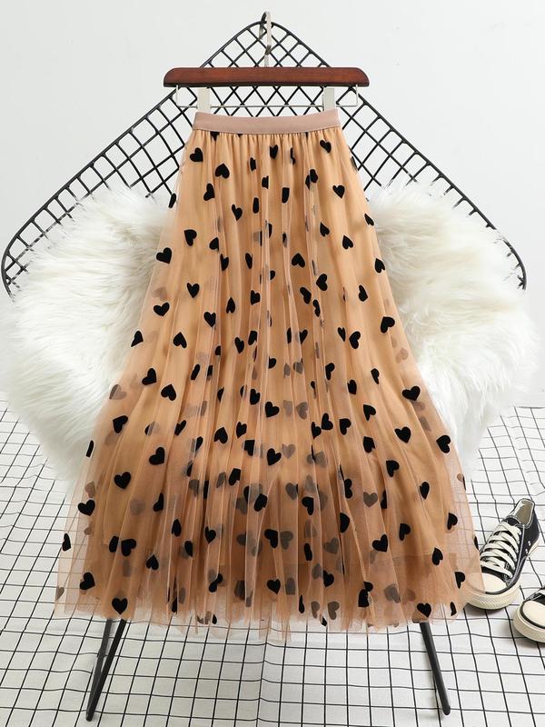 Women's All Over Heart Print Tulle Skirt, Fashion Casual Skirt for Daily Outdoor Wear, Ladies Bottoms for All Seasons