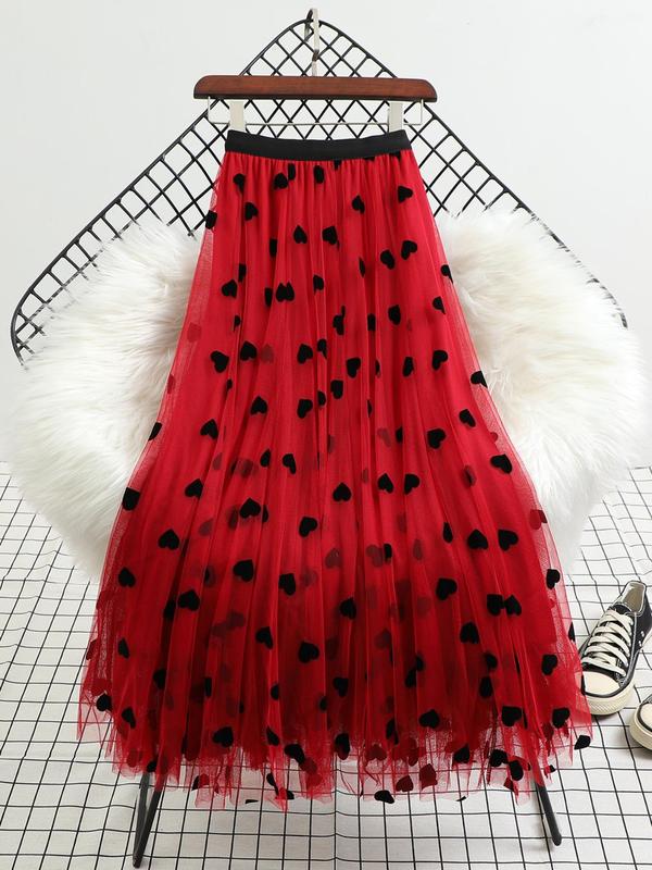 Women's All Over Heart Print Tulle Skirt, Fashion Casual Skirt for Daily Outdoor Wear, Ladies Bottoms for All Seasons