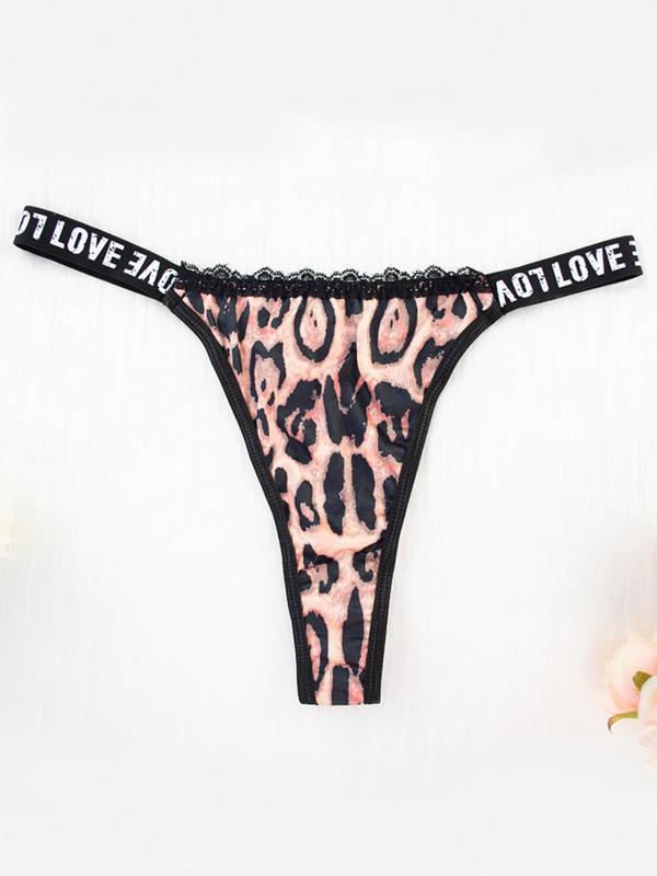 Women's Leopard Print Letter Tape Underwear Set, Contrast Lace Zipper Push Up Bra & Thong Set, Lingerie Set for Ladies