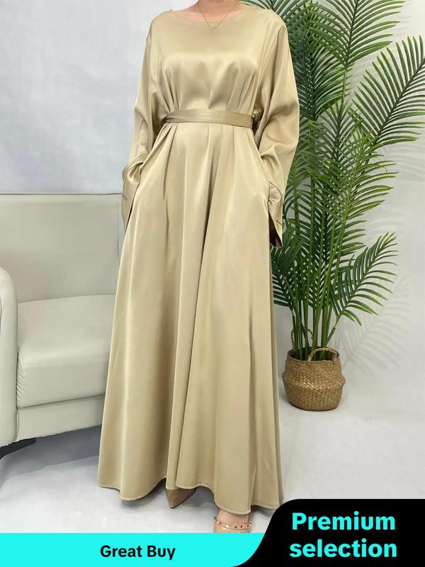 Women's Solid Belted Flounce Sleeve Dress, Elegant Long Sleeve Round Neck Long Dress for Party Holiday Wedding Guest, Ladies Clothes for All Seasons, Fall Clothing Women Longsleeves