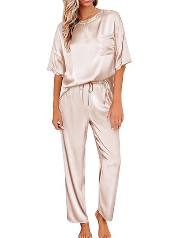 Women's Solid Drop Shoulder Tee & Pocket Pants Pyjama Two-piece Set, Casual Comfy Short Sleeve Top & Drawstring Waist Pants PJ Set, Ladies Summer Sleepwear