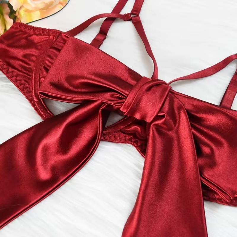 Women's 6pcs Sexy Silk Bow Front Push Up Bra Lingerie Set,Comfortable Underwear, girls conguet te outfit Nightdress Red Black ingerieset Womenswear Lady sexy Sleepwear Elegance Feminine Basic Minimalist Nightgown Elegant Nightwear Spaghetti Strap