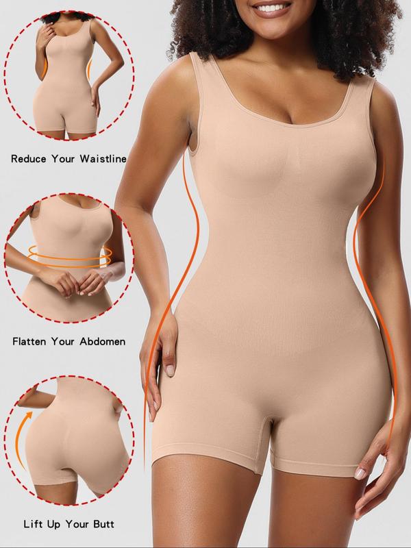 Women's Solid Scoop Neck Shapewear Romper, Fall Wear, Earthtone Fallfreshness, Summer Clothes Women, High Stretch Seamless Sleeveless Shapewear Bodysuit, Ladies Shapewear Clothes, Summer Wear 2024, Rompers for Summer, Fall Wear, Fallfreshness