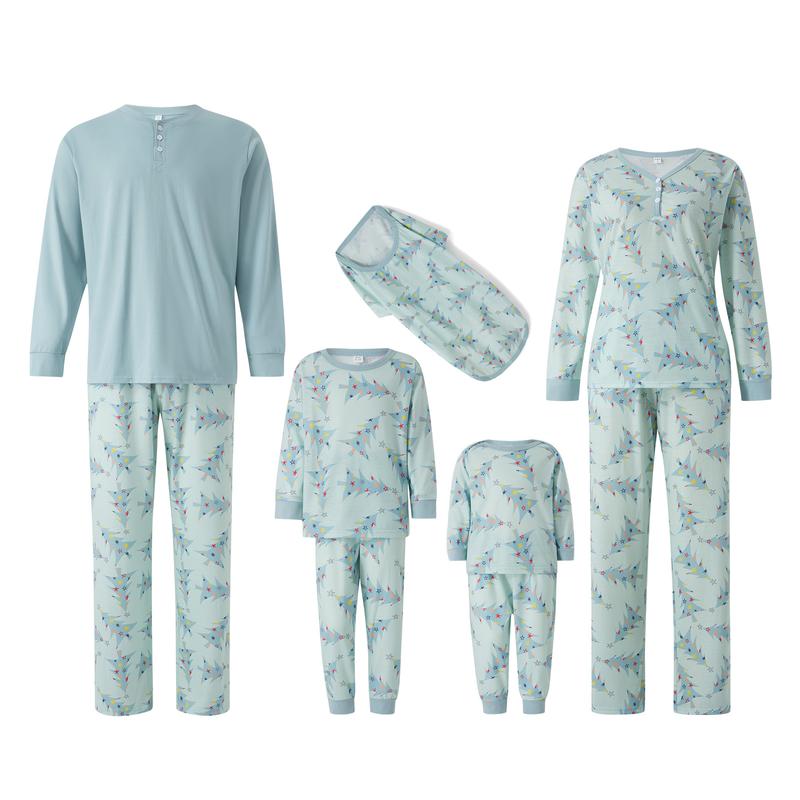 Family Matching Christmas Pajamas, Xmas Tree Print Solid Long-Sleeved Tops Trousers  Jumpsuit Dog Clothes