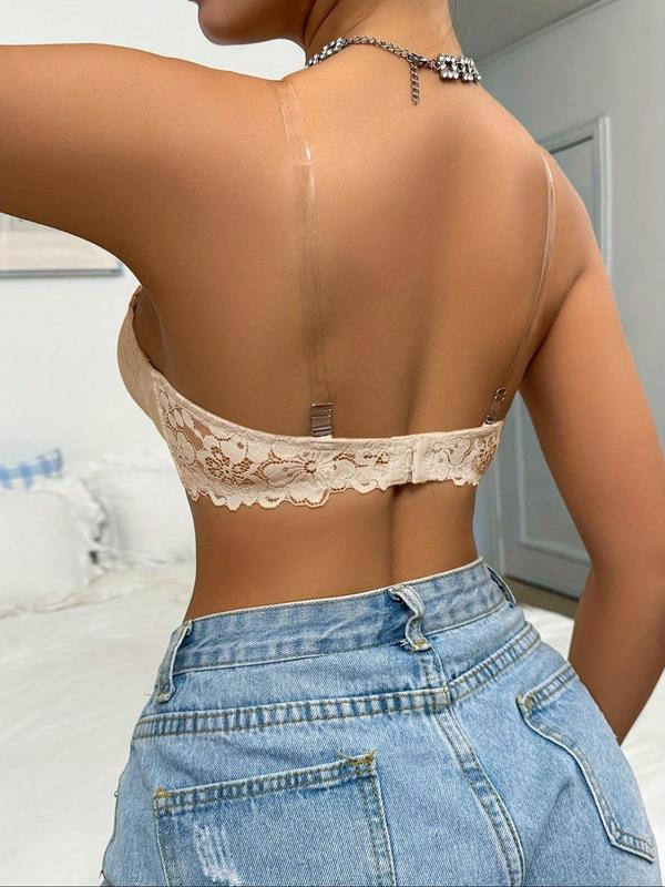 Women's Floral Lace Push Up Bandeau  Bra with Transparent Strap, Soft Comfortable Breathable Buckle Front Bra, Lingerie for All Seasons