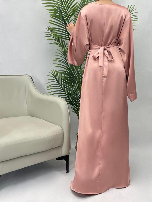 Women's Solid Belted Flounce Sleeve Dress, Elegant Long Sleeve Round Neck Long Dress for Party Holiday Wedding Guest, Ladies Clothes for All Seasons, Fall Clothing Women Longsleeves