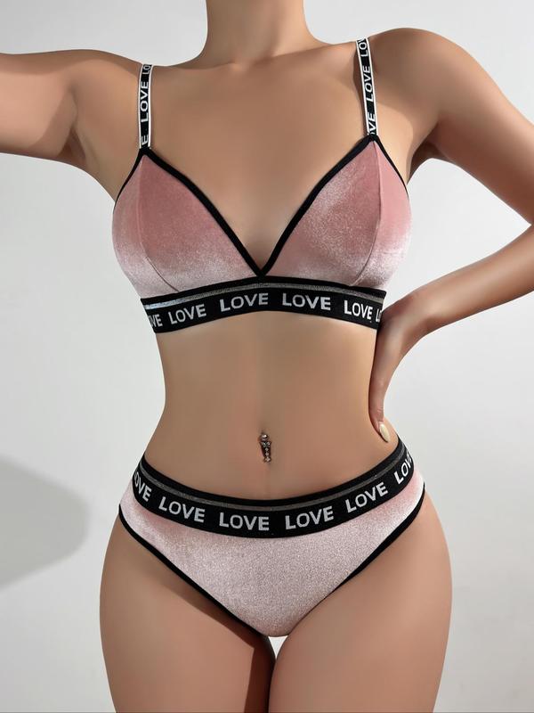 Women's Contrast Binding Ombre Bra & Letter Tape Panty Two-piece Set, Casual Comfy Wireless Bra & Drop Waist Panty Set, Lingerie Set for Women
