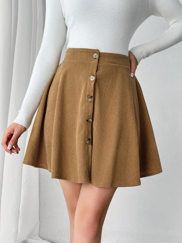 Women's Solid Button Front Corduroy Skirt, Elegant Fashion Casual High Waist A Line Skirt for Daily Outdoor Wear, Women Bottoms for Fall & Winter