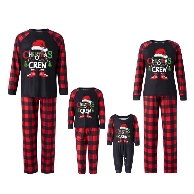 Matching Christmas Pajamas For Family, Baby Romper Letter Christmas Hat Print Long Sleeve Tops + Plaid Pants Sleepwear Set