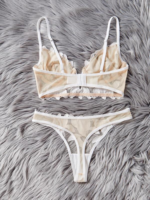 Two-Piece Set Women's Floral Embroidery Bra & Sheer Thong, Adjustable Strap Underwire Bra & Panty Set, Lingerie Set for Women