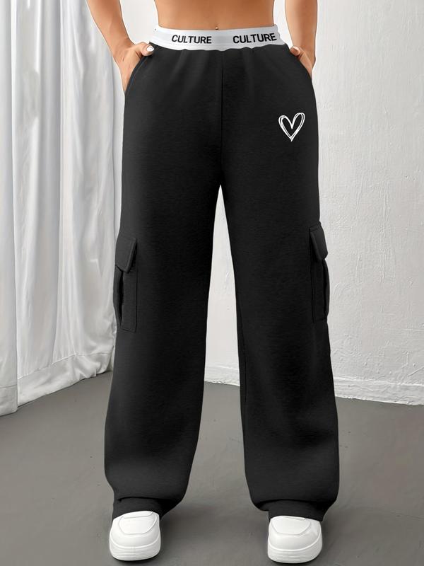 Women's Letter & Heart Print Pocket Cargo Sweatpants, Casual Jogger Trousers for Daily Wear, Ladies Bottoms for All Seasons