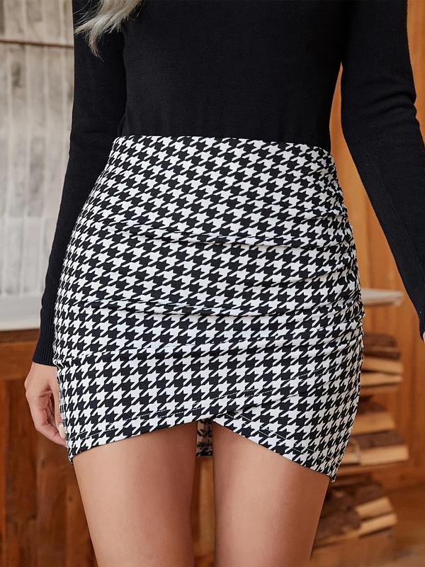 Women's Houndstooth Print Ruched Wrap Bodycon Skirt, Elegant Asymmetrical Hem High Waist Skirt for Daily Wear, Ladies Bottoms for All Seasons, Fall Outfits, Fallfreshness Clothes