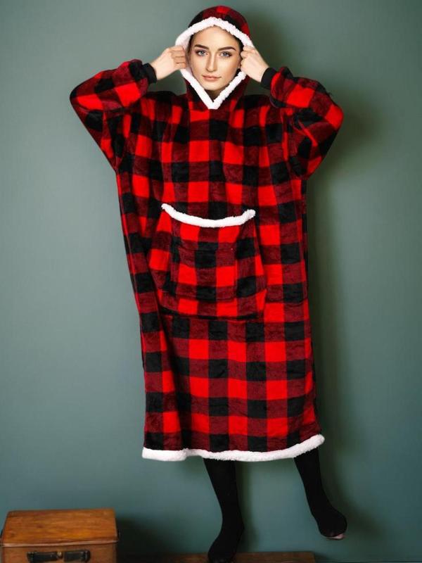 Christmas Women's Plaid Print Contrast Faux Fur Trim Hooded Lounge Robe, Casual Drop Shoulder Long Sleeve Bathrobe Loungewear, Ladies Sleepwear for Fall & Winter