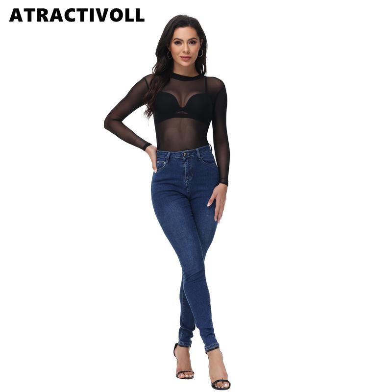 ATRACTIVOLL 1 2PCS Women's Fashion Yoga Wear，Half High Neck Bodysuit,Mesh Long Sleeve Bodysuit Indoor Yoga Wear,Tops Lady women  bodysuits mesh top long sleeve