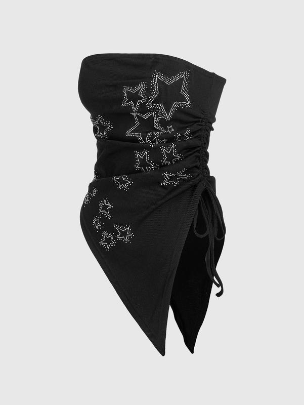 ROMWE Grunge Punk Women's Music Festival Star Rhinestone Decor Pleated Asymmetric Hem Bandeau Top